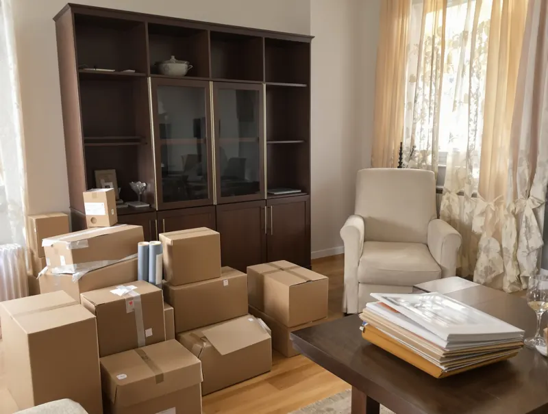 Wohnzimmer während einer Haushaltsauflösung, persönliche Dinge sind beiseitegelegt