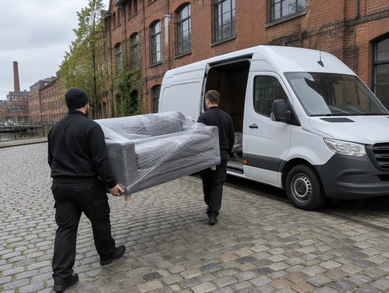 Zwei Träger bringen ein verpacktes Sofa zum Transporter in Leipzig-Plagwitz